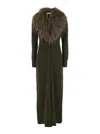 Blumarine Green Long Dress With Removable Feather Collar In Wool Woman In Green
