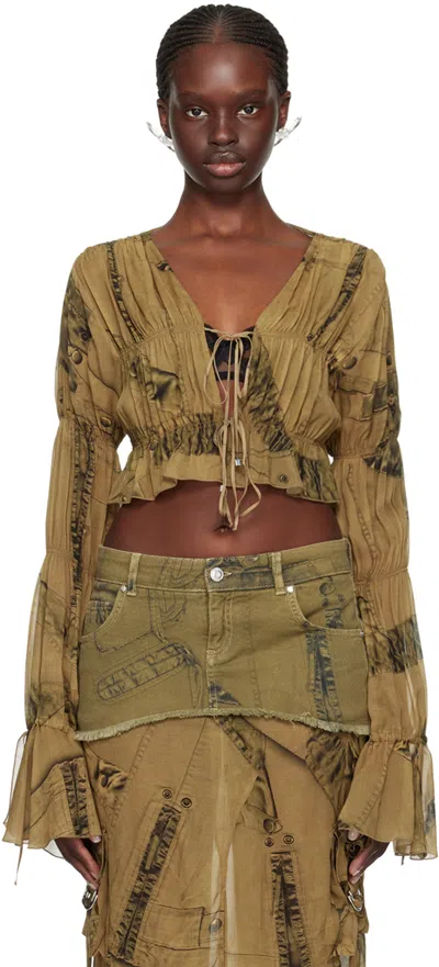Blumarine Green Print Blouse In T5769 Taupe Grey/ner