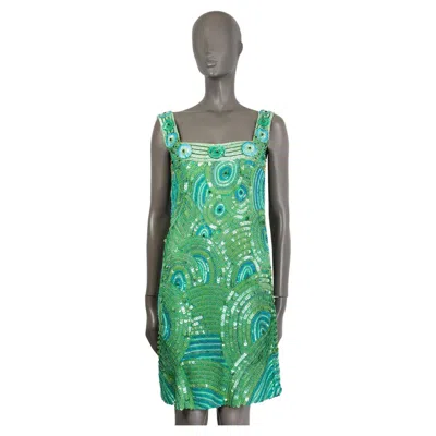 Pre-owned Blumarine Green Sequin Peacock Feather Shift Dress 44 L