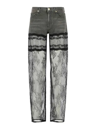 Blumarine Grey And Black Denim And Lace Jeans In Gray