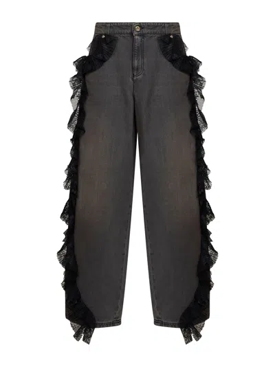 Blumarine Grey Denim Wide-leg Jeans With Lace Ruffles In Gray