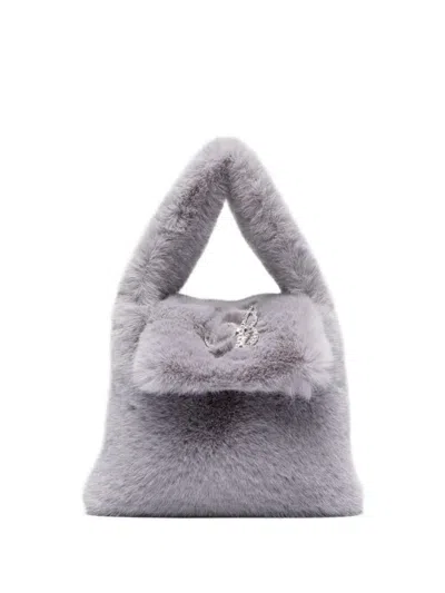 Blumarine Grey Faux Fur Mini Bag With Flap And Logo In Ice Grey