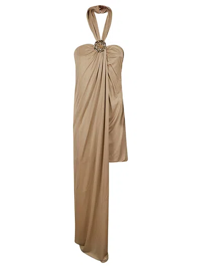 Blumarine Halter Neck Asymmetric Short Dress In Almond