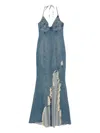 Blumarine Halter-neck Frayed-hem Denim Dress In Blue