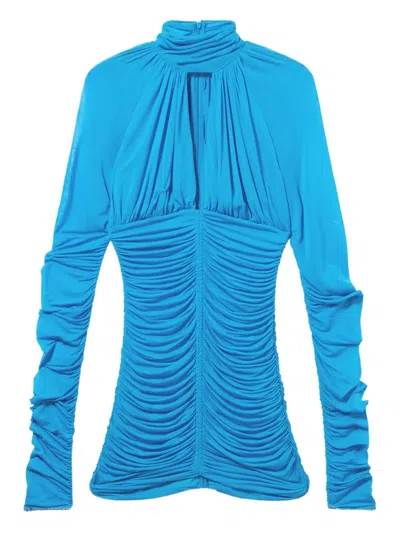 Blumarine High-neck Ruched Mini Dress In Blue