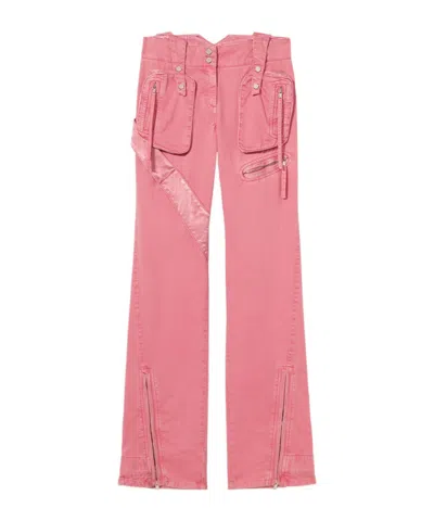 Blumarine Cotton Denim Cargo Flared Pants W/zips In Pink