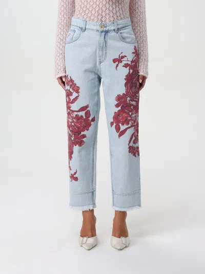 Blumarine Printed Baggy High Rise Cropped Jeans In Wasser