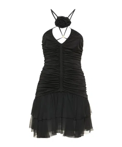 Blumarine Jersey  Chiffon Mini Dress W/ Flower In Black