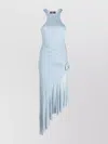 Blumarine Jersey Dress With Asymmetric Ruffle And Floral Embellishment In Blue