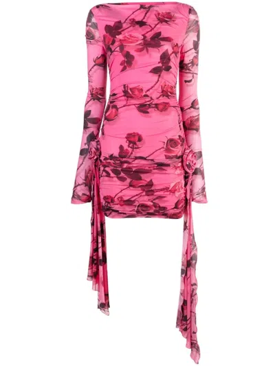 Blumarine Rose Printed Draped Jersey Mini Dress In Pink