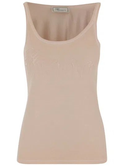 Blumarine Jersey Top With Cast-effect Logo In Beige
