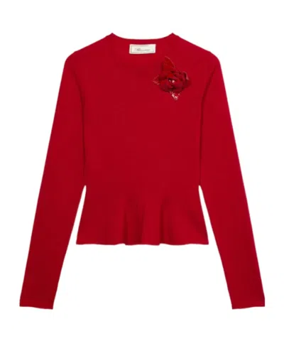 Blumarine Jumper With Patent Leather Brooch And Undulated Hem In Red