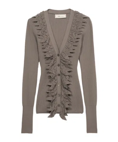 Blumarine Knit Cardigan With Ruches In Gray