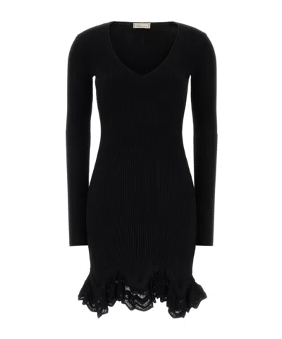 Blumarine Ruffled Ribbed-knit Mini Dress In Black