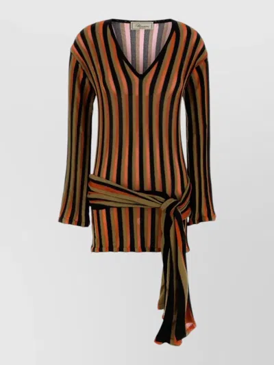 Blumarine Knit Mini Dress Sheer Stripes Tie Neckline In Orange