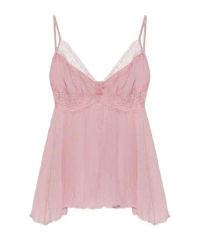 Blumarine Georgette Lace-pannels V-neck Top In Pink
