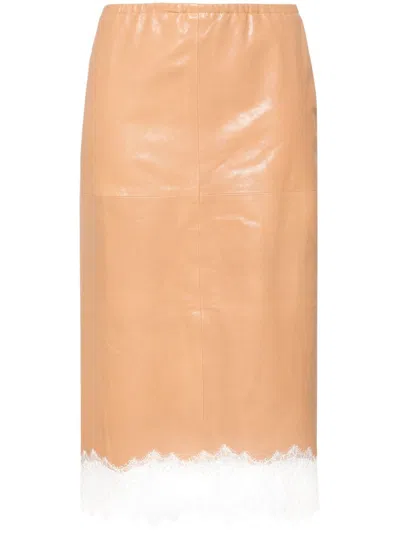 Blumarine Lace-detail Leather Skirt In Beige