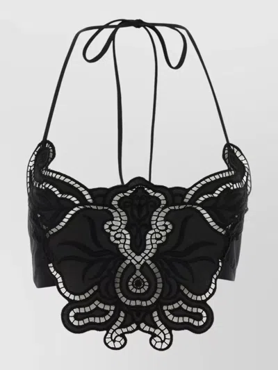 Blumarine Lace Halterneck Top Sheer Panels Embroidery In Black