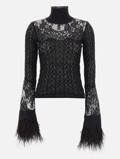 BLUMARINE LACE-INSERT FEATHER-CUFF SWEATER