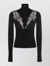 Blumarine Turtleneck Knit With Ribbed Texture And Lace Inserts In Black