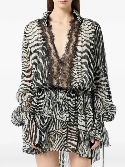 Blumarine Lace-trim Zebra-print Mini Dress In Black