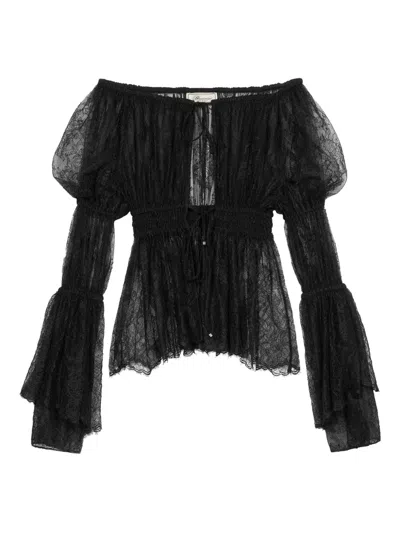 Blumarine Lace-trimmed Bell-sleeve Top In Black