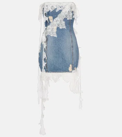 Blumarine Lace-trimmed Denim Minidress In Blue