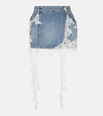Blumarine Lace-trimmed Denim Miniskirt In Blue