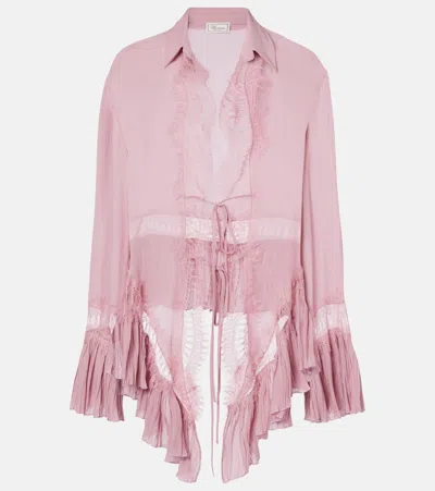Blumarine Lace-trimmed Sheer Georgette Shirt In Pink