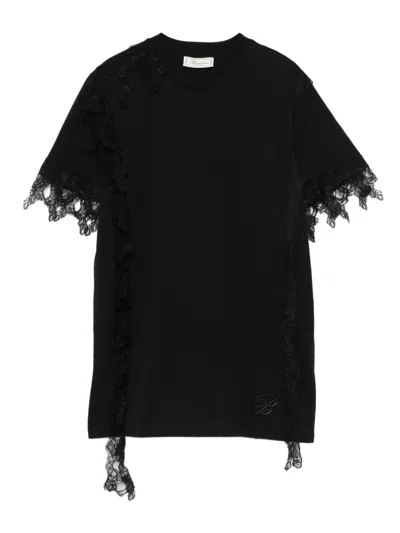 Blumarine Lace-trimmed Short-sleeve Top In Black