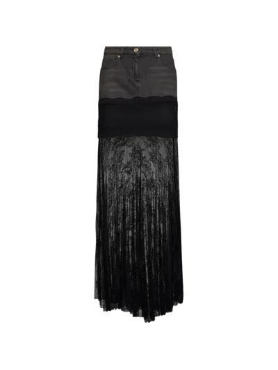 Blumarine Grey Denim And See-through Lace Long Skirt In Black