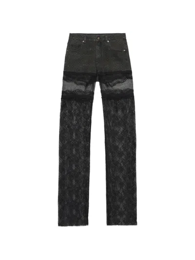 Blumarine Lace-panelled Rhinestone-embellished Trousers In Black