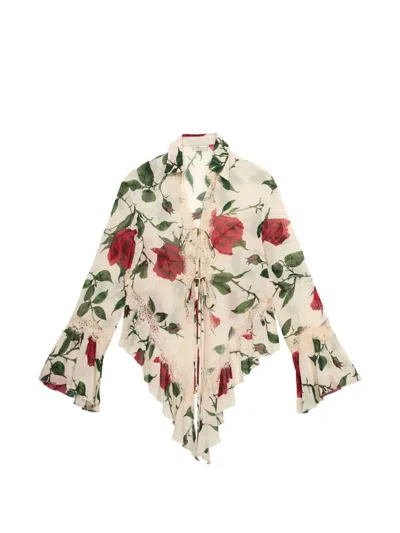 Blumarine Lace-trim Floral-print Shirt In White