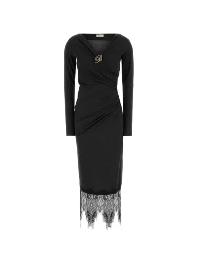 Blumarine Lace-trim Ruched Midi Dress In Black