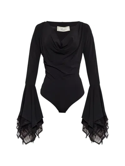 Blumarine Lace-trimmed Bell-sleeve Bodysuit In Black
