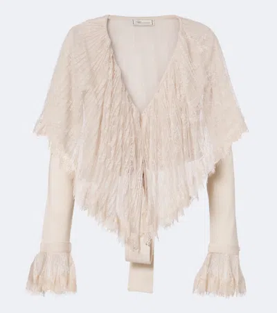 Blumarine Lace-trimmed Virgin Wool Cardigan In Pink