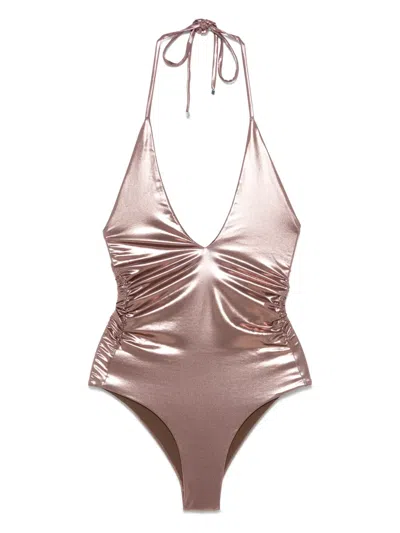 Blumarine Laminated Swimsuit In Brown
