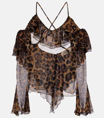 Blumarine Leopard-print Draped Silk Top In Brown