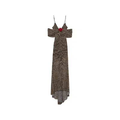 Blumarine Leopard-print Brooch-detail Maxi Dress In Gray