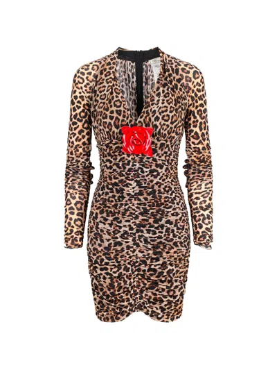 Blumarine Leopard-print Rose-embellished Mini Dress In Animal Print