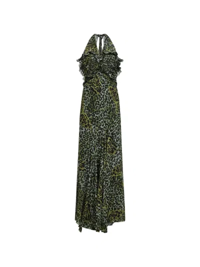 Blumarine Leopard-print Ruffled Dress In Green