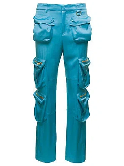 Pre-owned Blumarine Light Blue Cargo Pants With Macro Patch Pockets In Satin Woman 40 It