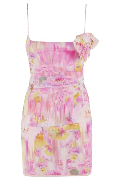 Blumarine Liquid Flower Print Jersey Dress In Pink Vivid Rose