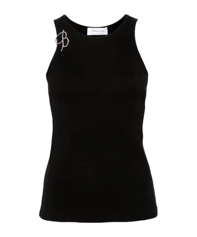 Blumarine Logo-brooch Fine-ribbed Tank Top In Black