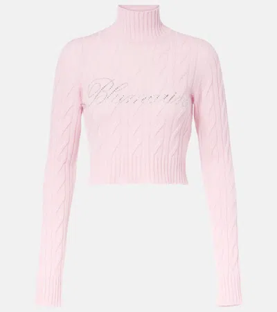 Blumarine Logo Cropped Wool And Cashmere Sweater In Pink