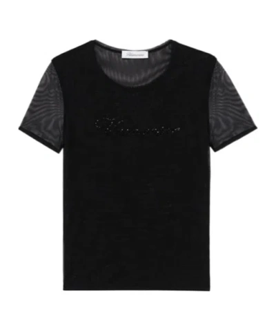 Blumarine Logo-embellished Mesh T-shirt In Black