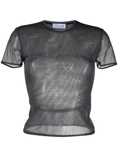 Blumarine Logo-embellished Mesh T-shirt In Grey