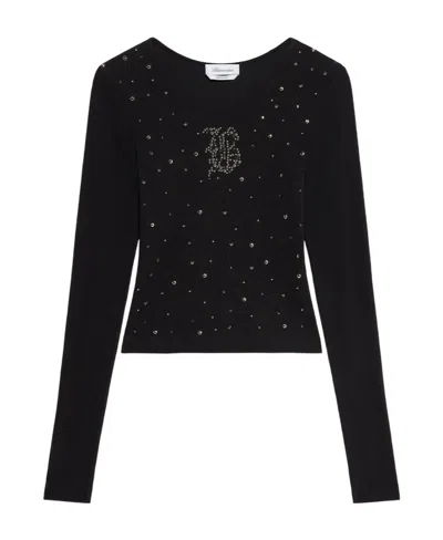 Blumarine Logo-embellished Ribbed-knit Top In Black