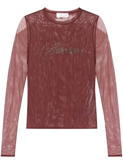 Blumarine Burgundy Embroidery Rhinestone Long Sleeve T-shirt In N0727 Burgundy