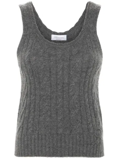 Blumarine Logo-embroidered Cable-knit Top In Grey